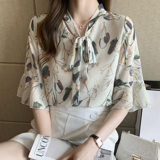 Elbow-sleeve Ruffle Trim Ribbon-neckline Floral Chiffon Loose Fit Blouse