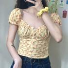 Floral Print Puff-sleeve Blouse Yellow - One Size