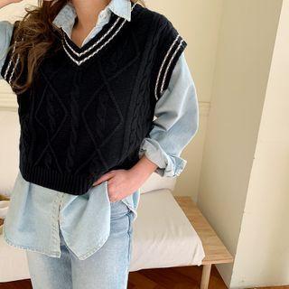 V-neck Ringer Cable-knit Vest Navy Blue - One Size