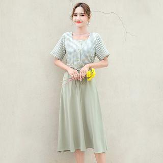 Set: Gingham Short-sleeve Square Neck Blouse + A-line Midi Skirt