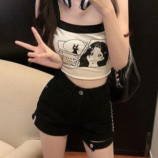 Face Print Cropped Camisole Top / Denim Shorts