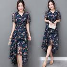 Short-sleeve Floral Midi Chiffon Dress