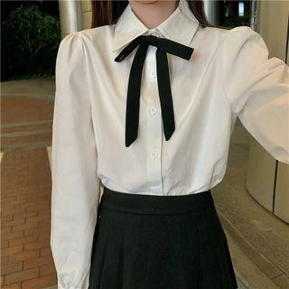 Plain Shirt With Bowtie / Sleeveless Argyle Knit Mini A-line Dress
