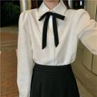 Plain Shirt With Bowtie / Sleeveless Argyle Knit Mini A-line Dress