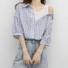 Mock Two-piece Cold-shoulder Plaid Blouse Blue & White - One Size