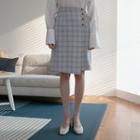 Buttoned Wrap-front Midi Plaid Skirt