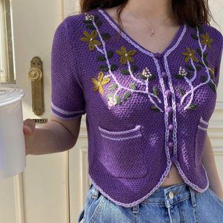 Floral Embroidered Contrast Trim Short-sleeve Knit Cardigan