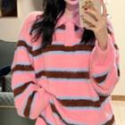 Striped Polo Sweater Stripes - Pink & Wine Red & Blue - One Size