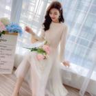 Bell Sleeve Mock Neck Beaded Mesh Panel Knit Dress