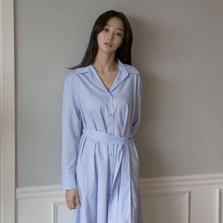 Asymmetric-hem Stripe Shirtdress With Sash