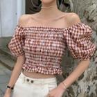 Plaid Puff-sleeve Smocked Cropped Top