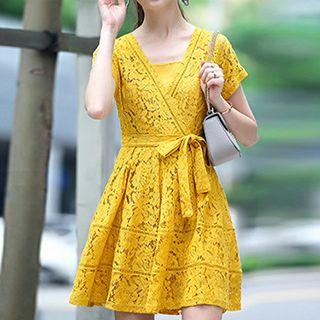 Short-sleeve V-neck Lace Dress With Camisole