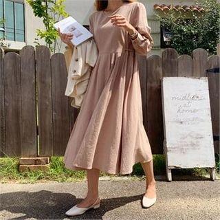 Round-neck Button-back A-line Dress With Sash