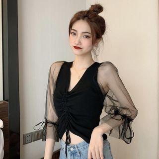 Bell-sleeve Drawstring Mesh Panel Top