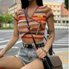 V-neck Striped Color Block Cropped Top