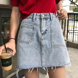 Mini Frayed A-line Denim Skirt