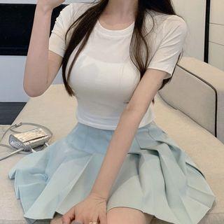 Set: Short-sleeve Plain Top + Pleated Mini Skirt