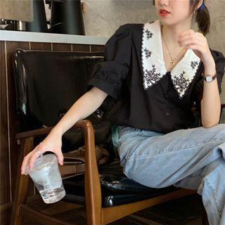 Balloon-sleeve Floral Embroidered Shirt