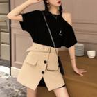 Shoulder Cut Out Short-sleeve T-shirt Dress / A-line Skirt