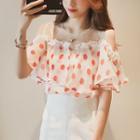 Dotted Cold Shoulder Elbow-sleeve Top