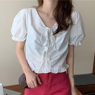 Puff-sleeve Ruched Tie-strap Cropped Blouse