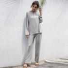 Set: Long-sleeve Henley T-shirt + Wide Leg Pants