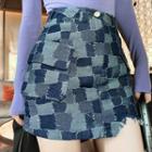 Color Block Plaid Denim Mini Pencil Skirt