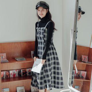 Set: Turtleneck Sweater + Plaid Overall Dress