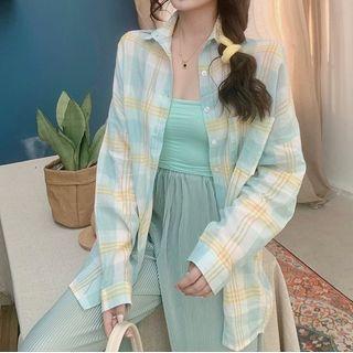 Spaghetti Strap Top / Plaid Shirt / Wide-leg Pants