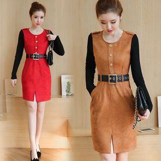 Buttoned Long Sleeve Front Slit Mini Dress