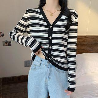 Long Sleeve V-neck Striped Knit Cardigan