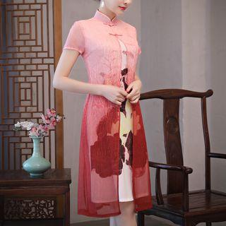 Set: Short-sleeve Thin Coat + Short-sleeve Floral Print Qipao Dress
