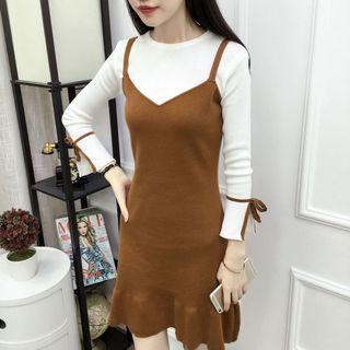 Mock Two-piece 3/4-sleeve A-line Mini Dress