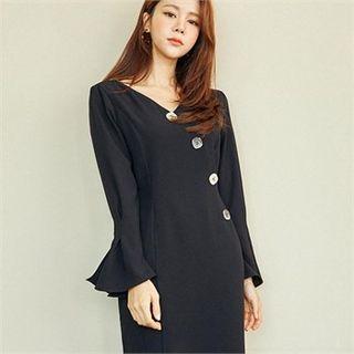 Buttoned Slit Bell-cuff Midi Sheath Dress