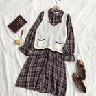Set:color-block Lace-up Plaid Long-sleeve Dress + V-neck Knit Vest