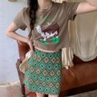Short-sleeve Cow Print T-shirt / Patterned Mini A-line Skirt