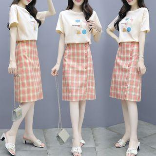 Set: Short-sleeve Graphic Print T-shirt + Plaid Midi A-line Skirt