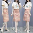 Set: Short-sleeve Graphic Print T-shirt + Plaid Midi A-line Skirt