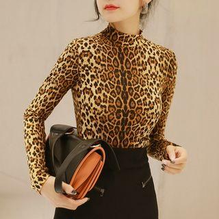 Long-sleeve Mock Neck Leopard Print T-shirt