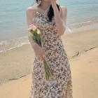 Flower Print Camisole Top / Spaghetti Strap Midi A-line Dress