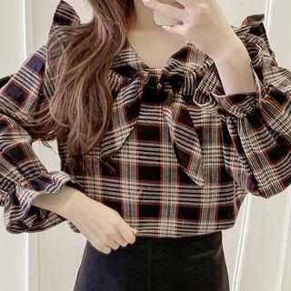 Plaid Ruffled Bell-sleeve Blouse