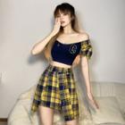 Set: Short-sleeve Off-shoulder Lettering Crop Top + Plaid Mini Skirt