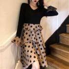 V-neck Layered Dotted Midi Dress As Shown In Figure - One Size