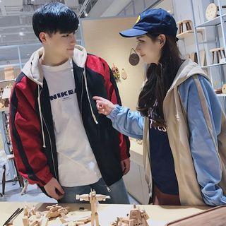 Couple Matching Color-block Hooded Zip-up Jacket