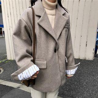 Notch-lapel Buttoned Coat Oatmeal - One Size