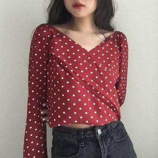 Dotted Long-sleeve Wrap Blouse