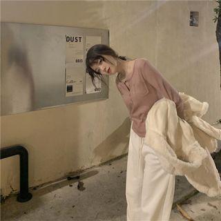 Long-sleeve Round-neck Pocket Top