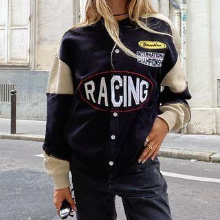 Letter Print Two-tone Oversized Button Jacket