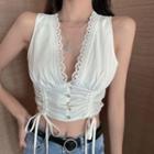 Lace Trim V-neck Drawstring Sleeveless Cropped Top White - One Size