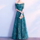 Elbow-sleeve Off Shoulder Embroidered Evening Gown
